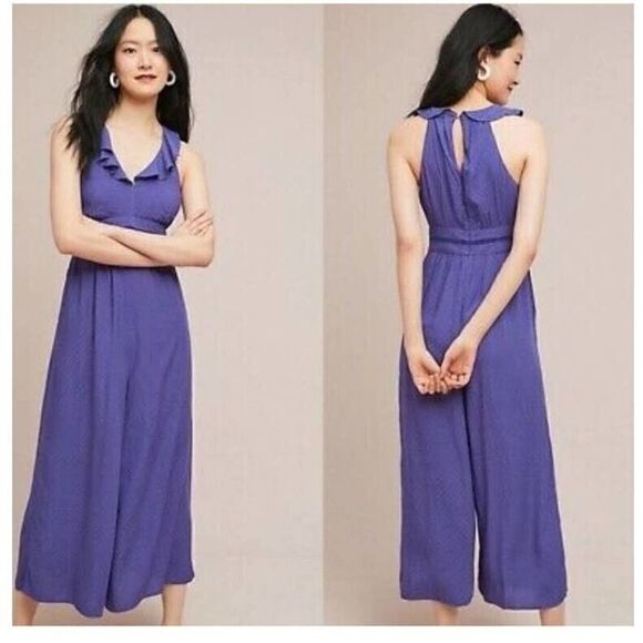 Anthropologie Maeve Justine Blue polka dot wide leg jumpsuit size US 2 - Picture 1 of 9